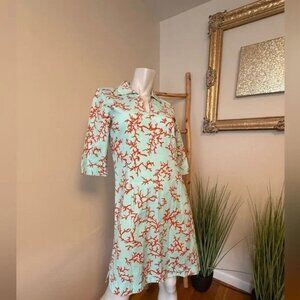 J.McLaughlin Turquoise & Coral Reef Print 3/4 Sleeve Collared Dress Size 8